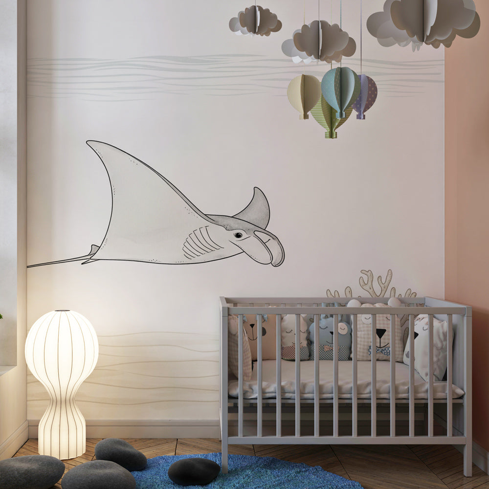 Serene manta ray mural wallpaper for children's playroom with ocean theme by Kids-Mundo