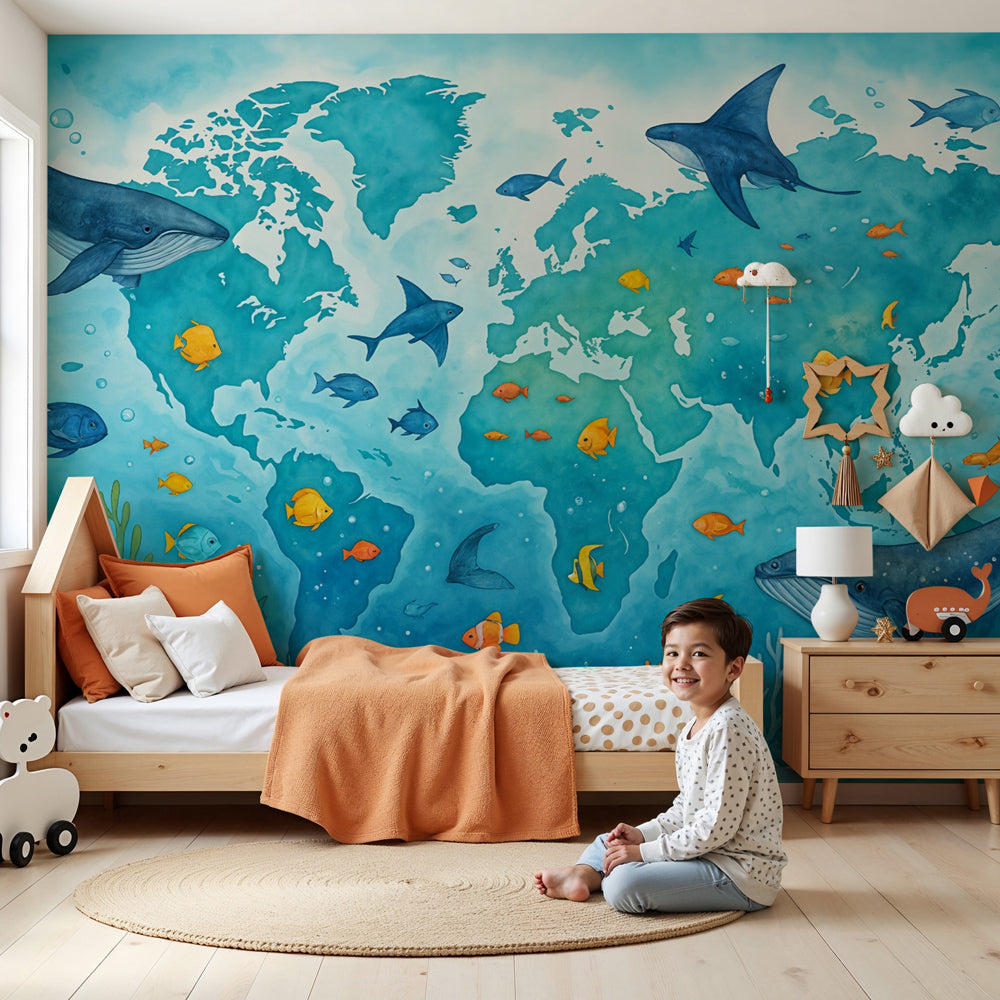 Ocean map mural wallpaper with marine animals in modern kids bedroom by Kids-Mundo