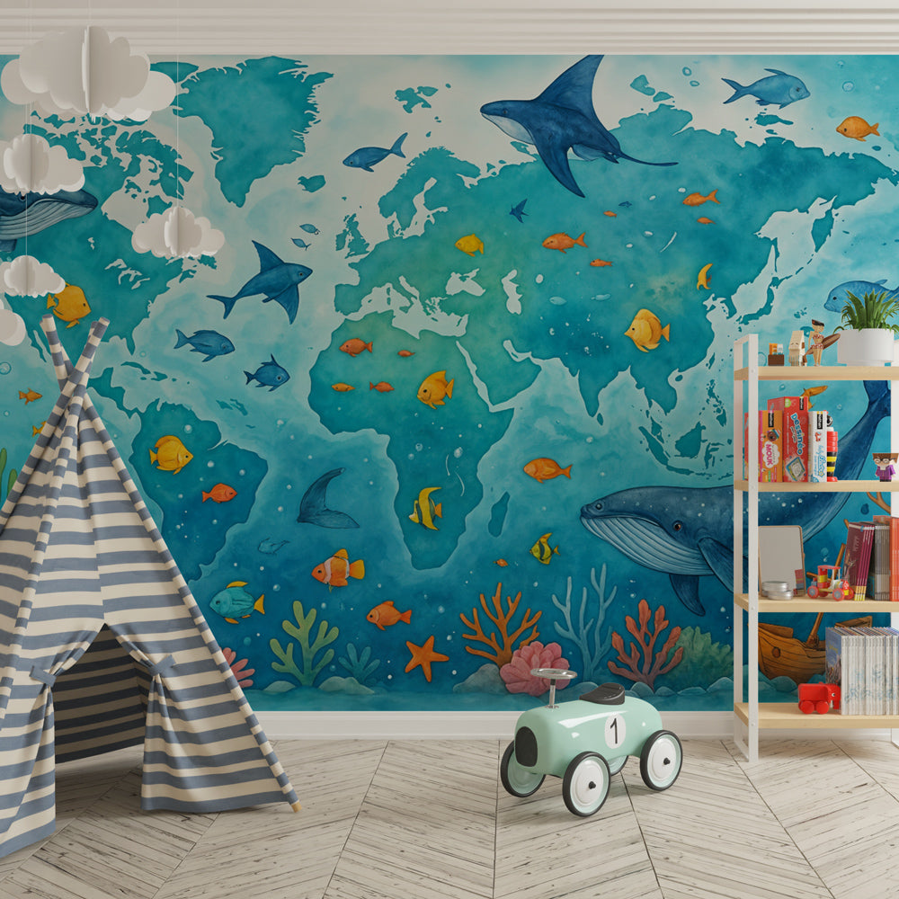 Colorful ocean world map wallpaper creating educational nursery decor with whales and fish