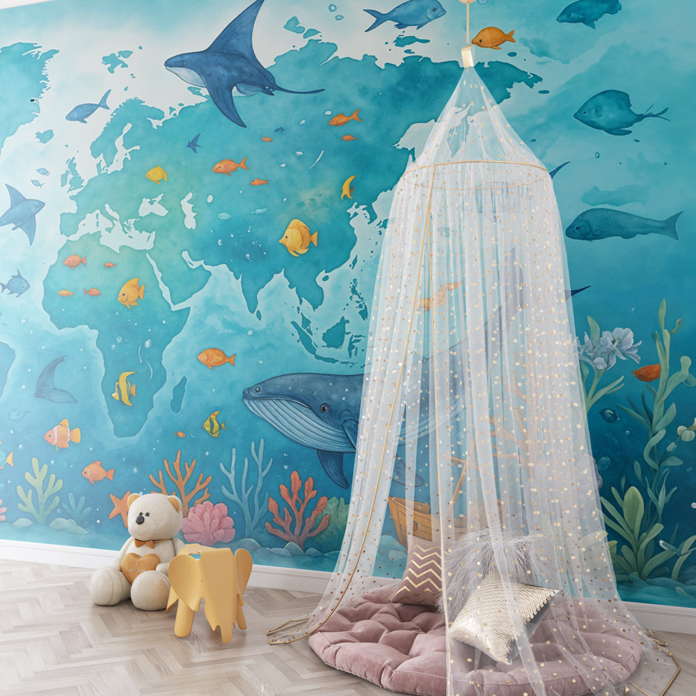 Marine-themed world map mural wallpaper transforming children's playroom into underwater adventure