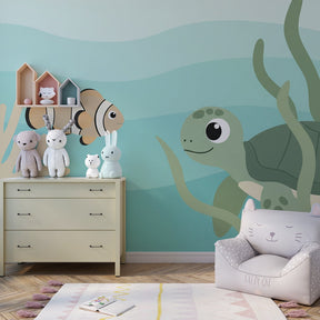 Underwater themed kids bedroom featuring ocean marine mural wallpaper with coral reef design