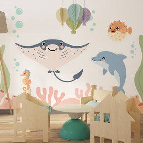 Underwater adventure mural wallpaper featuring dolphins and seahorses in modern kids bedroom