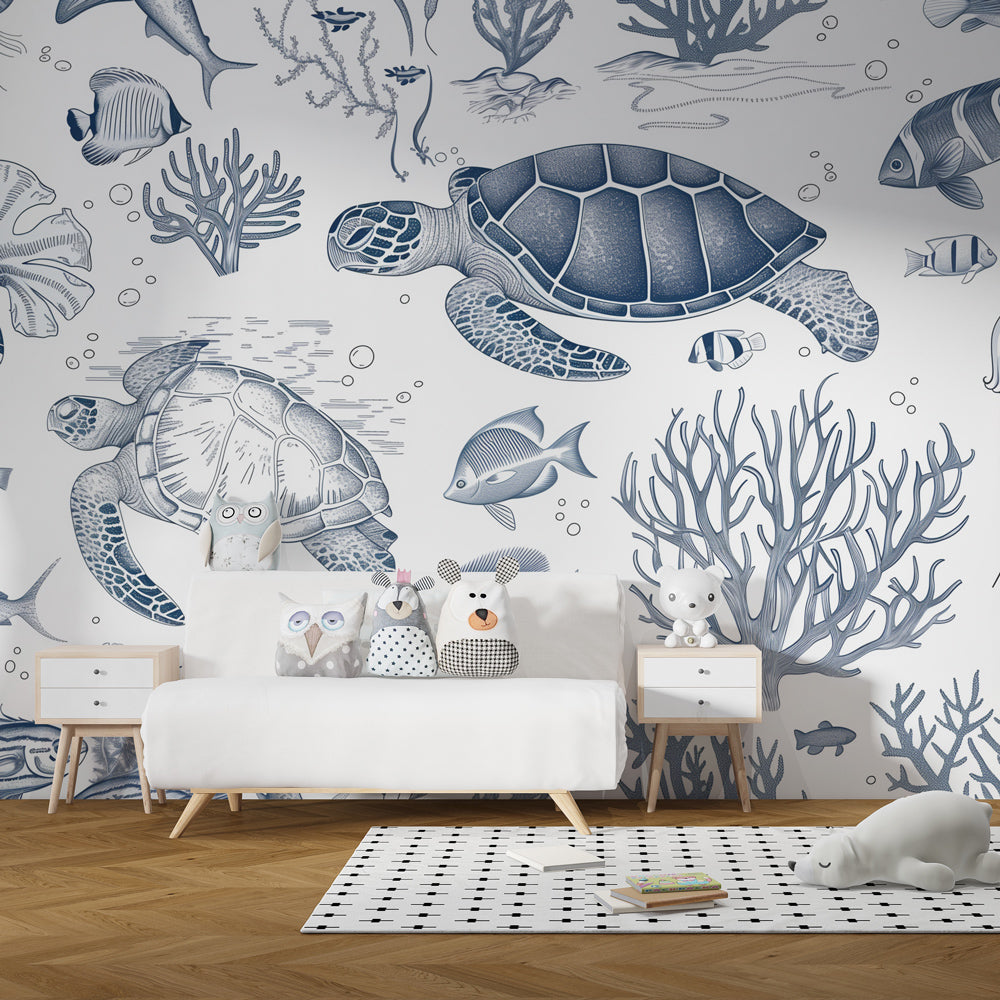 Blue ocean themed mural wallpaper creating underwater atmosphere in children's bedroom
