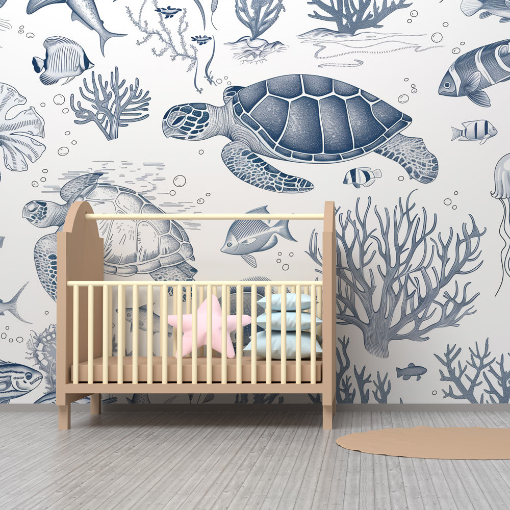 Sea turtle and coral mural wallpaper transforming kids playroom into marine sanctuary