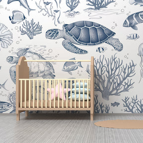 Sea turtle and coral mural wallpaper transforming kids playroom into marine sanctuary