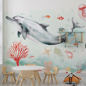 Sea creature mural wallpaper featuring colorful coral and tropical fish for children