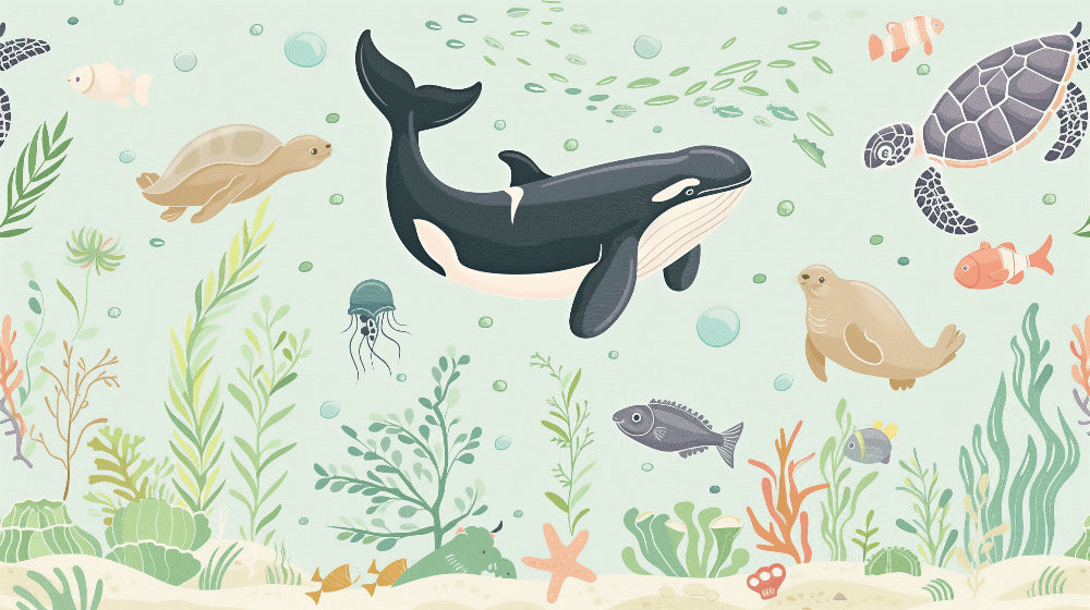 Detailed ocean mural wallpaper design pattern featuring whales and sea turtles by Kids-Mundo