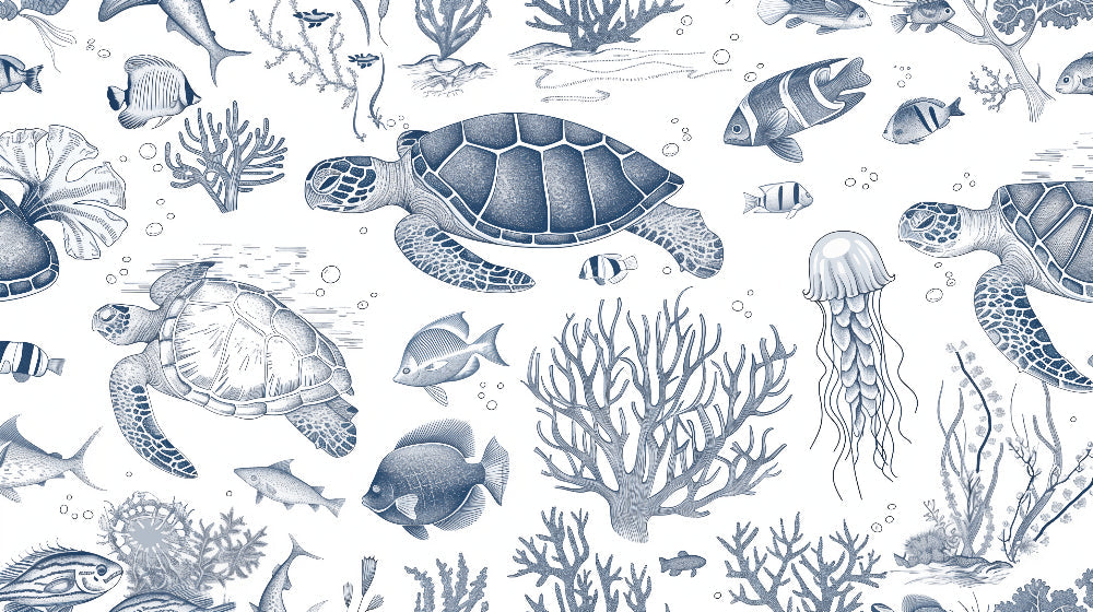 Detailed ocean mural wallpaper design pattern with sea turtles and coral by Kids-Mundo