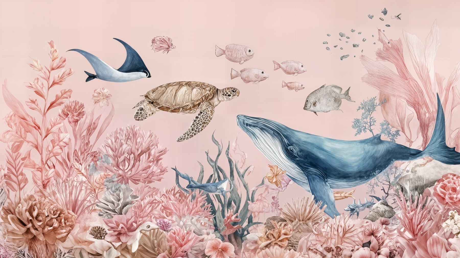 Detailed ocean mural wallpaper design pattern with sea turtle whale and coral by Kids-Mundo