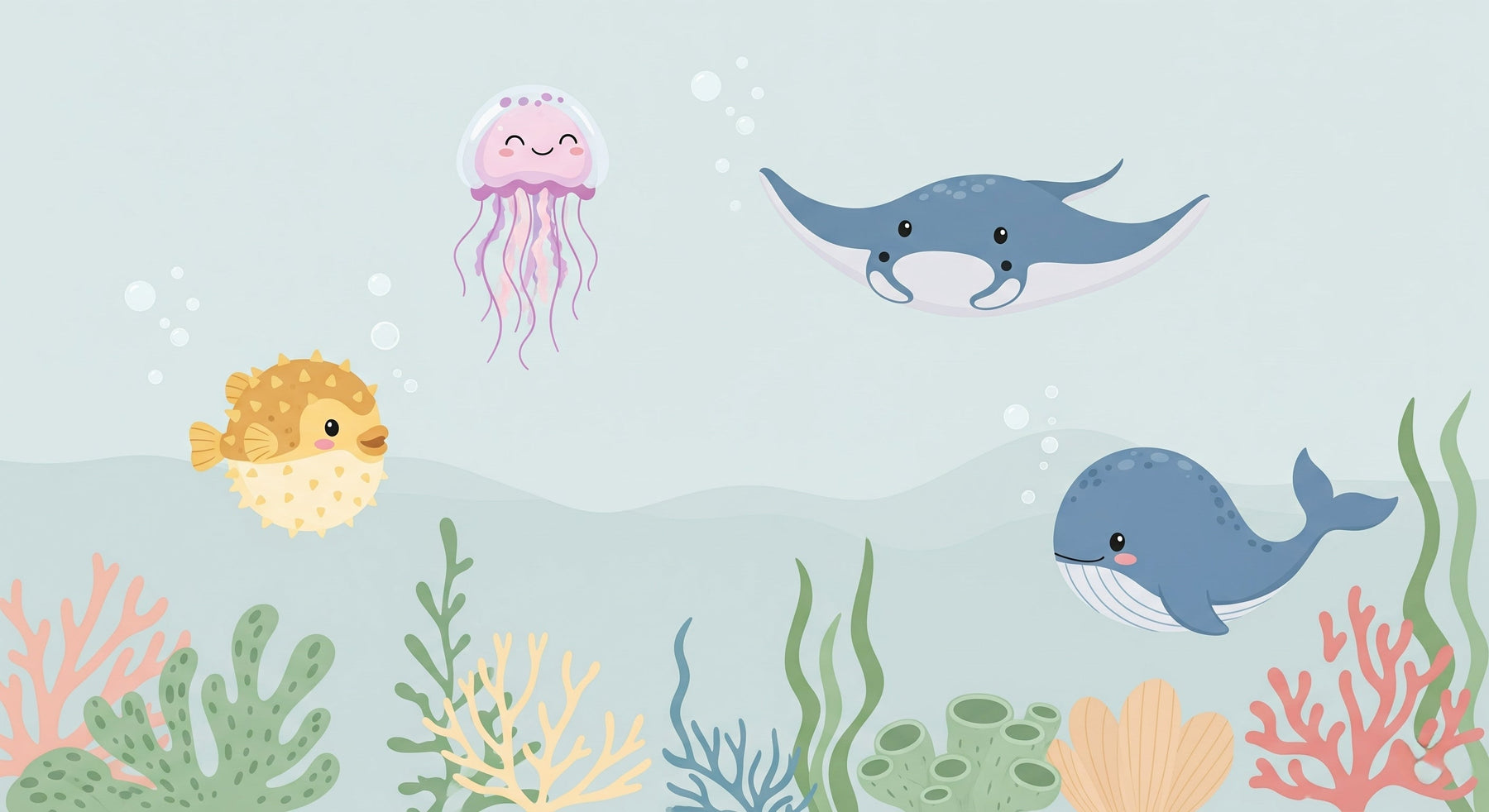 Detailed ocean mural wallpaper design pattern with sea creatures and coral by Kids-Mundo