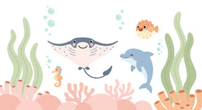 Detailed ocean mural wallpaper design pattern with stingrays dolphins and coral by Kids-Mundo