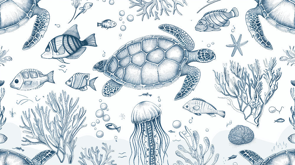Detailed ocean mural wallpaper design pattern with sea turtles and blue coral by Kids-Mundo