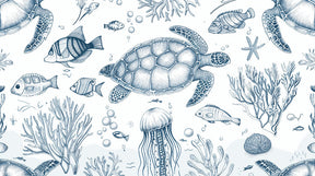 Detailed ocean mural wallpaper design pattern with sea turtles and blue coral by Kids-Mundo