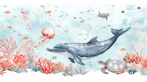Detailed ocean mural wallpaper design pattern with whales and colorful corals by Kids-Mundo