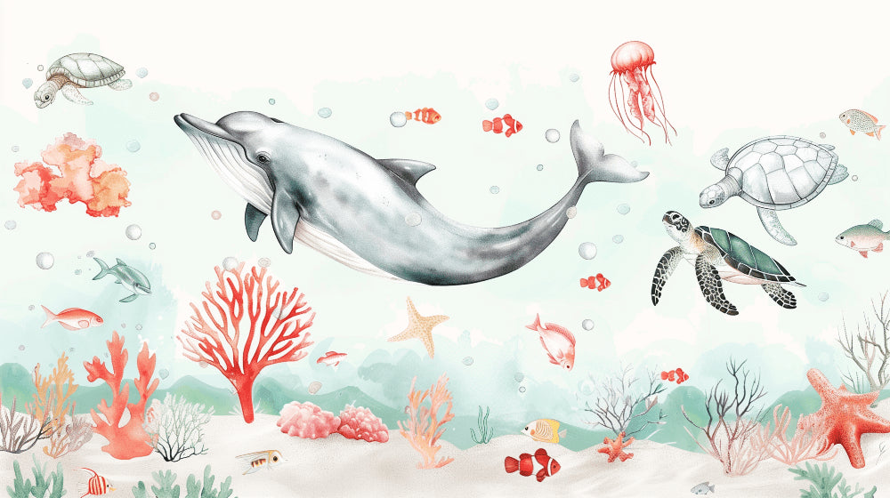 Detailed ocean mural wallpaper design pattern with whales dolphins and coral by Kids-Mundo