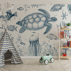 Blue coral and sea turtle wallpaper creating peaceful children's bedroom decor