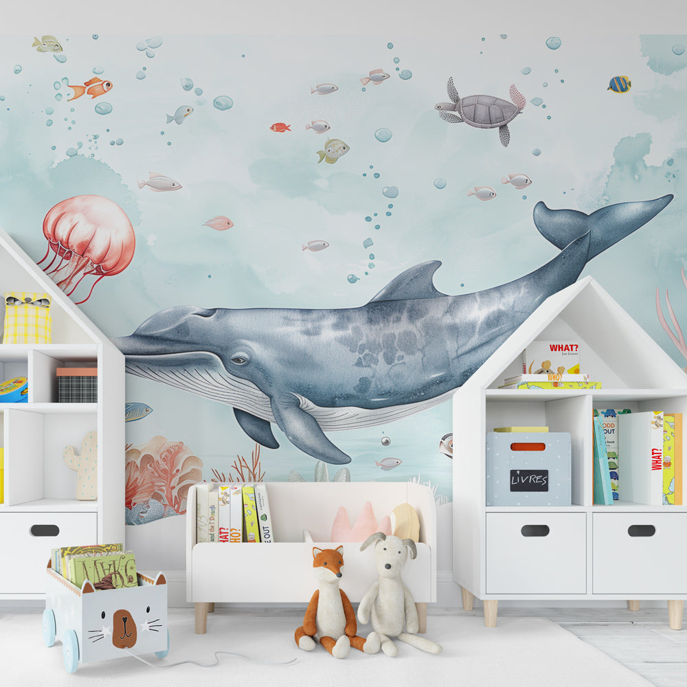 Whale and coral mural wallpaper transforming kids playroom into ocean sanctuary