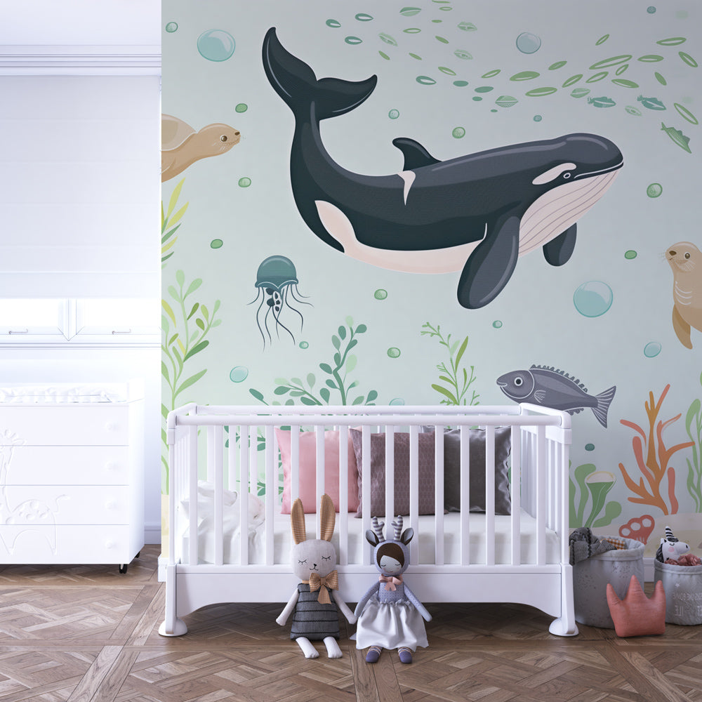 Enchanted ocean wallpaper creating peaceful nursery atmosphere with marine life theme