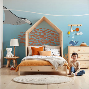 Ocean mural wallpaper with stingray and fish in modern nursery room by Kids-Mundo