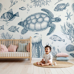 Ocean mural wallpaper with sea turtles in modern nursery room by Kids-Mundo