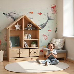 Ocean mural wallpaper with whales and dolphins in modern nursery by Kids-Mundo