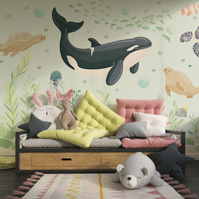 Sea life mural wallpaper transforming kids playroom into underwater sanctuary