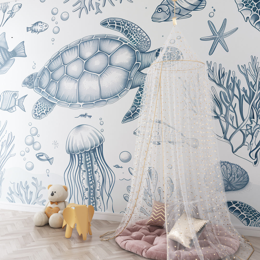 Enchanted ocean wallpaper transforming kids playroom into underwater adventure space