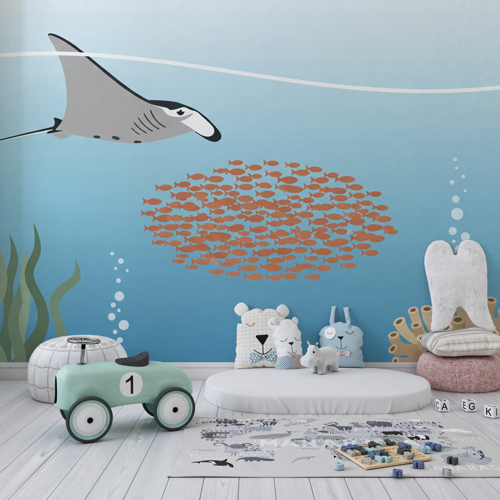 Marine life mural wallpaper transforming kids playroom into underwater adventure space