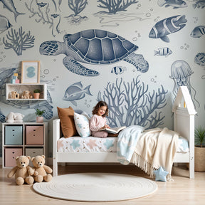 Ocean mural wallpaper with sea turtles and coral decorating modern kids nursery by Kids-Mundo