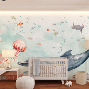 Enchanted ocean wallpaper creating magical underwater atmosphere in children's bedroom