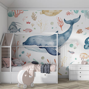 Blue ocean themed mural wallpaper transforming children's playroom into underwater world
