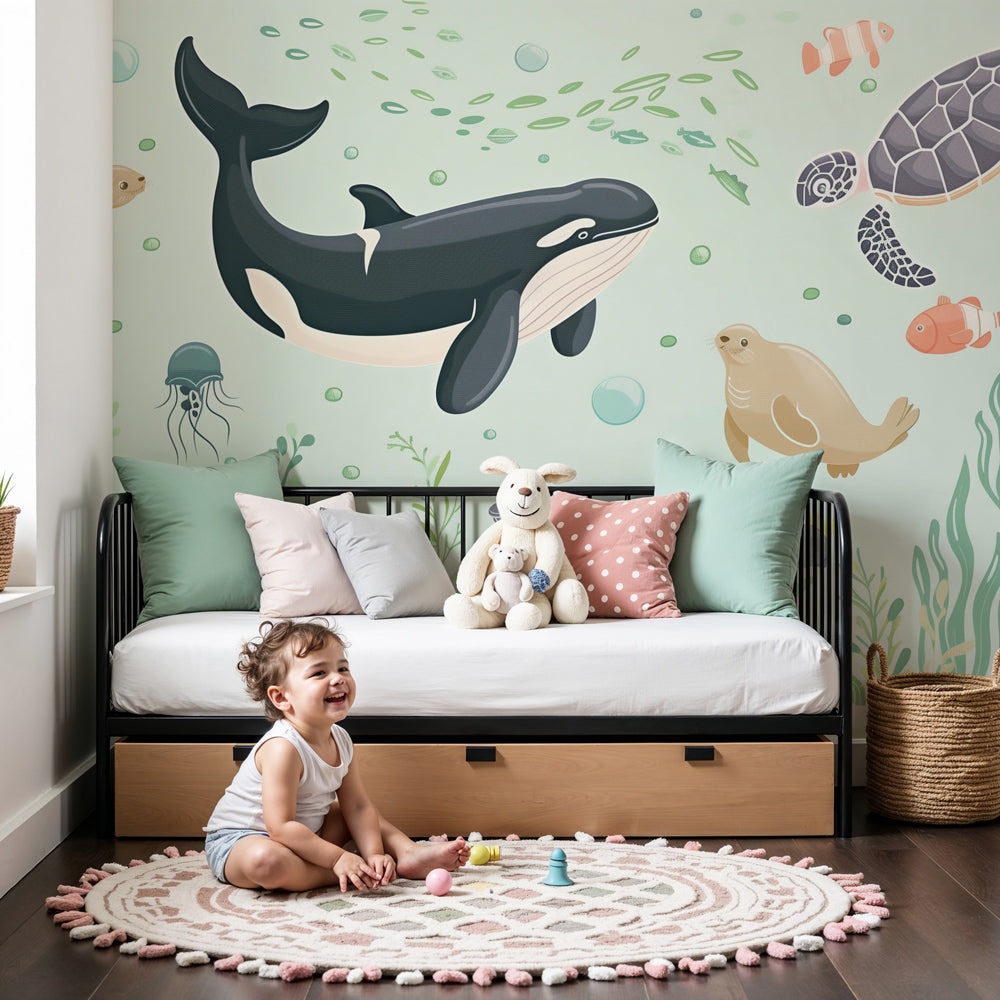 Ocean mural wallpaper with whales and turtles decorating modern children's bedroom by Kids-Mundo