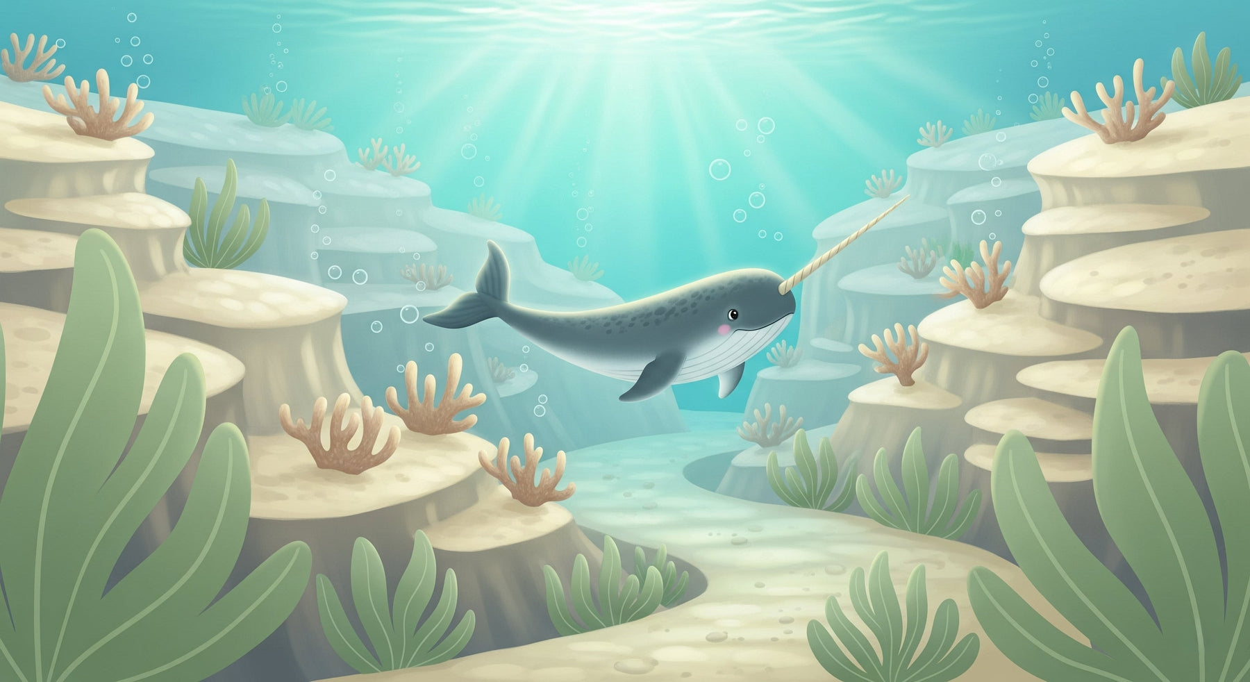 Detailed ocean narwal mural wallpaper design pattern showing underwater coral scene by Kids-Mundo