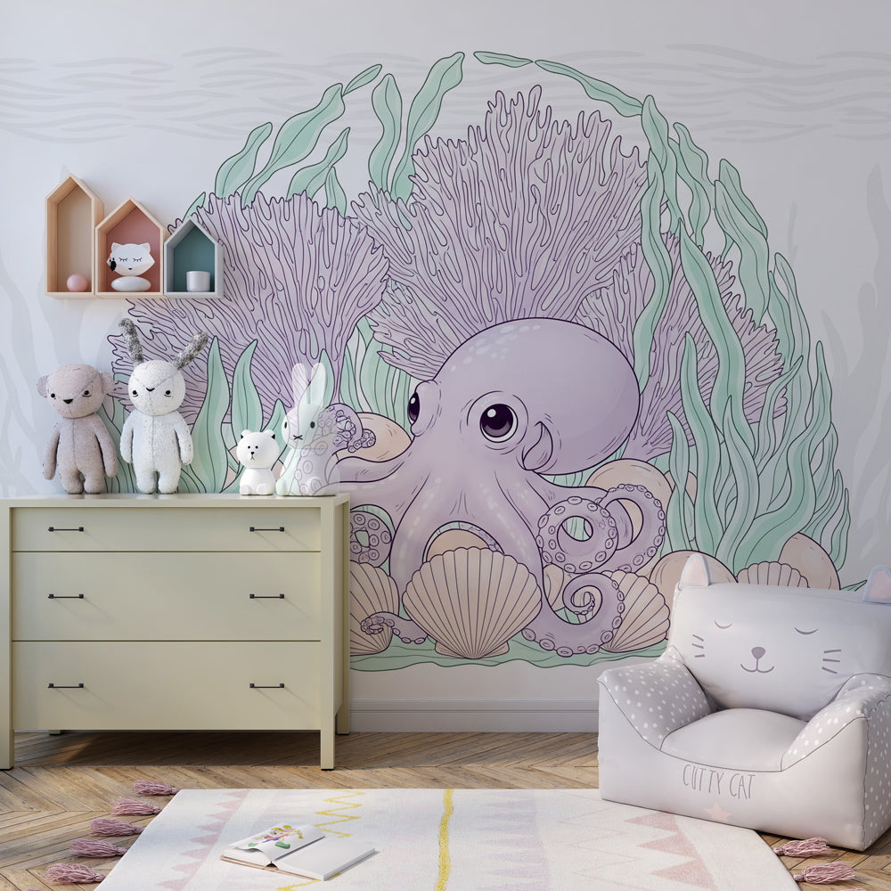 Underwater themed mural wallpaper creating magical kids bedroom with purple octopus and corals