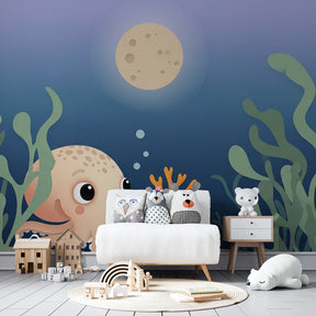 Underwater octopus wallpaper in modern kids bedroom with marine theme decor by Kids-Mundo
