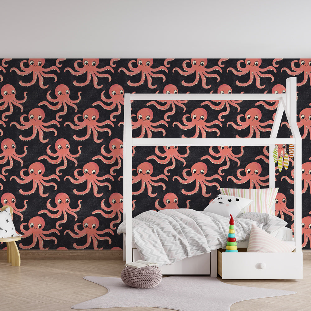 Playful octopus wallpaper creating underwater themed kids bedroom with marine life decor