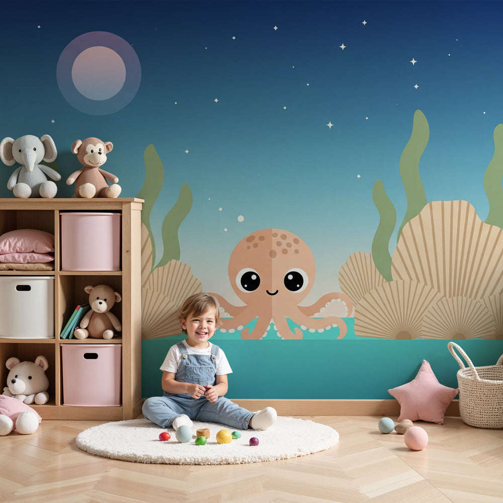 Ocean octopus mural wallpaper in modern baby nursery with wooden crib by Kids-Mundo