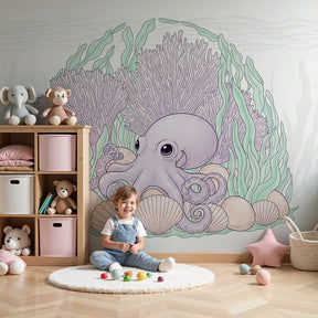 Ocean octopus mural wallpaper with coral reef design in modern nursery by Kids-Mundo