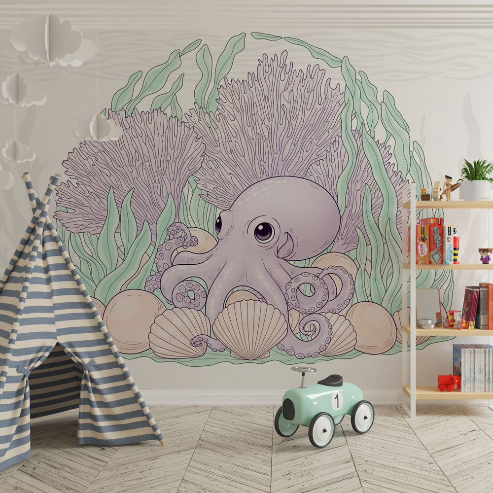 Cute octopus mural wallpaper transforming children's playroom into underwater adventure space