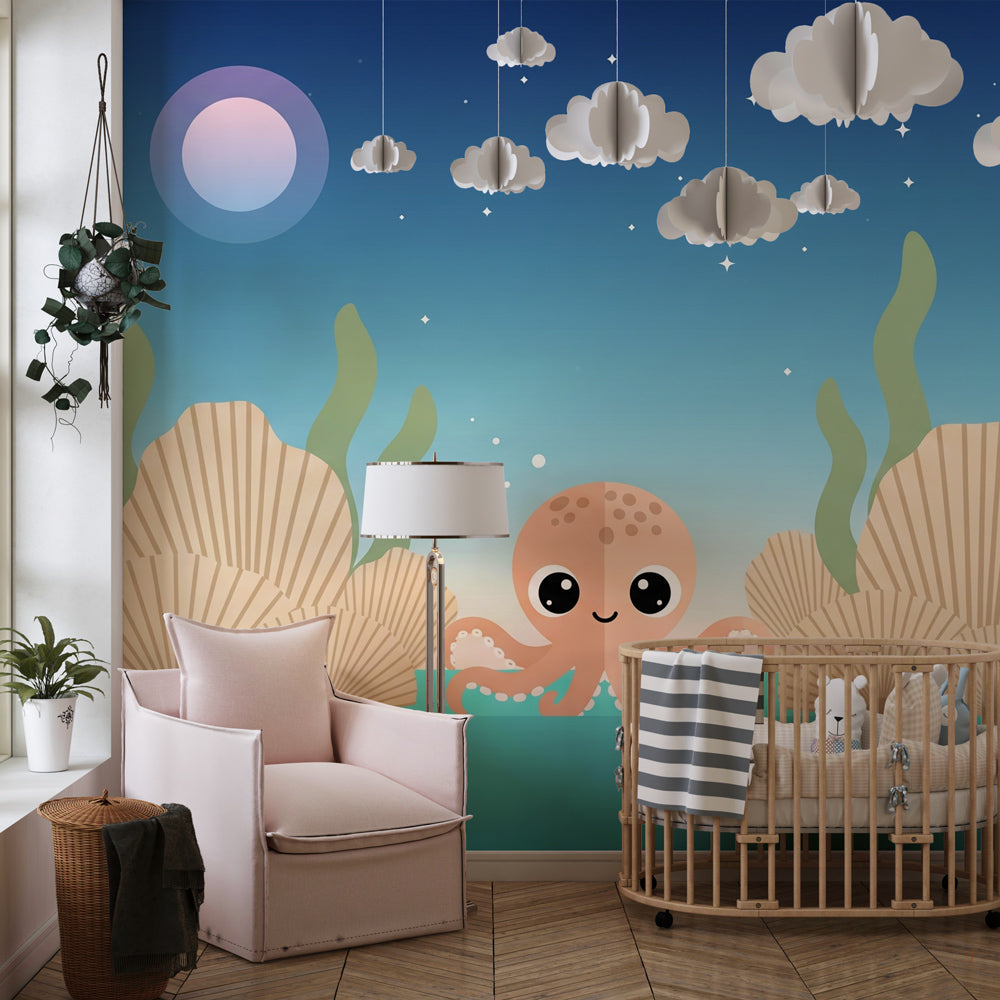 Underwater octopus wallpaper creating magical marine nursery decor with soft blue tones