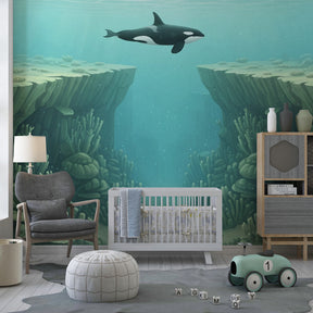 Marine life mural wallpaper with orca whale creating educational ocean themed playroom decor