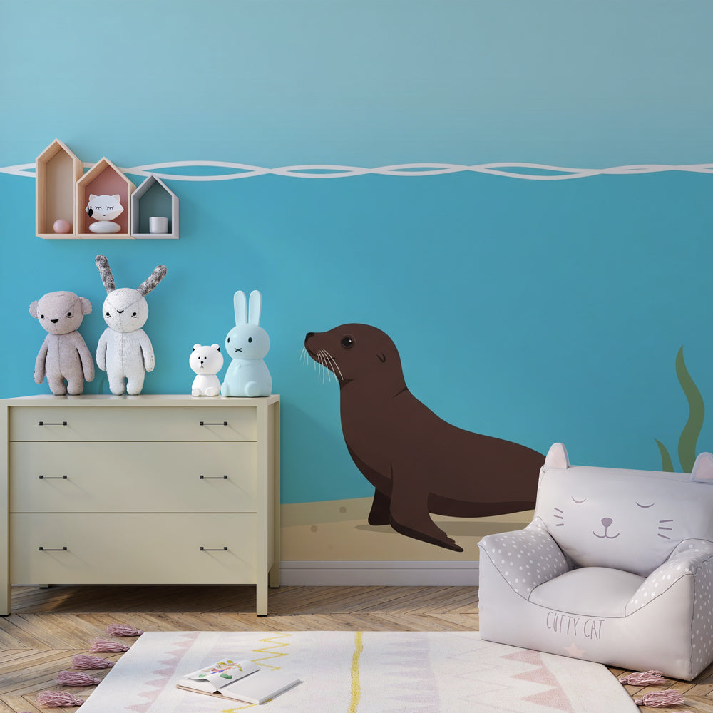 Marine life mural wallpaper with joyful otter in children's playroom setting