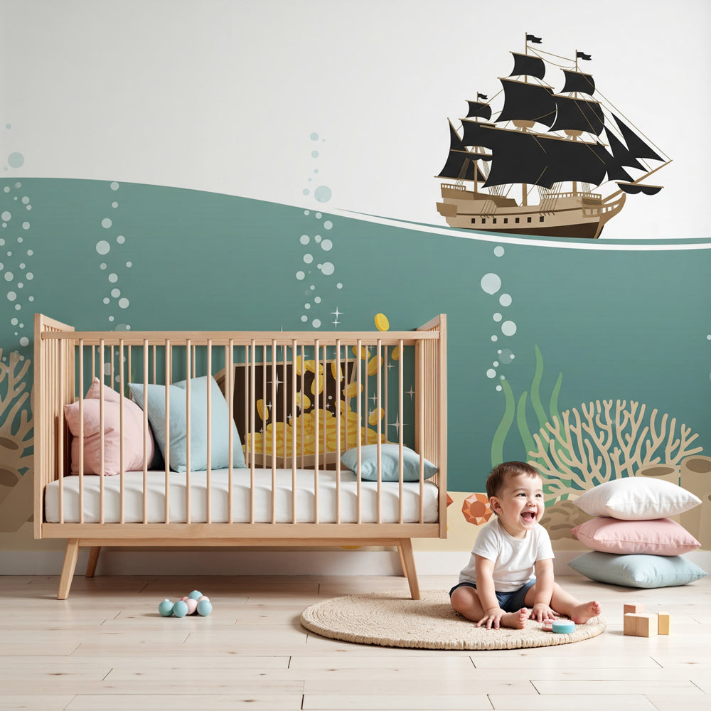 Ocean pirate mural wallpaper with treasure chest in modern kids bedroom by Kids-Mundo