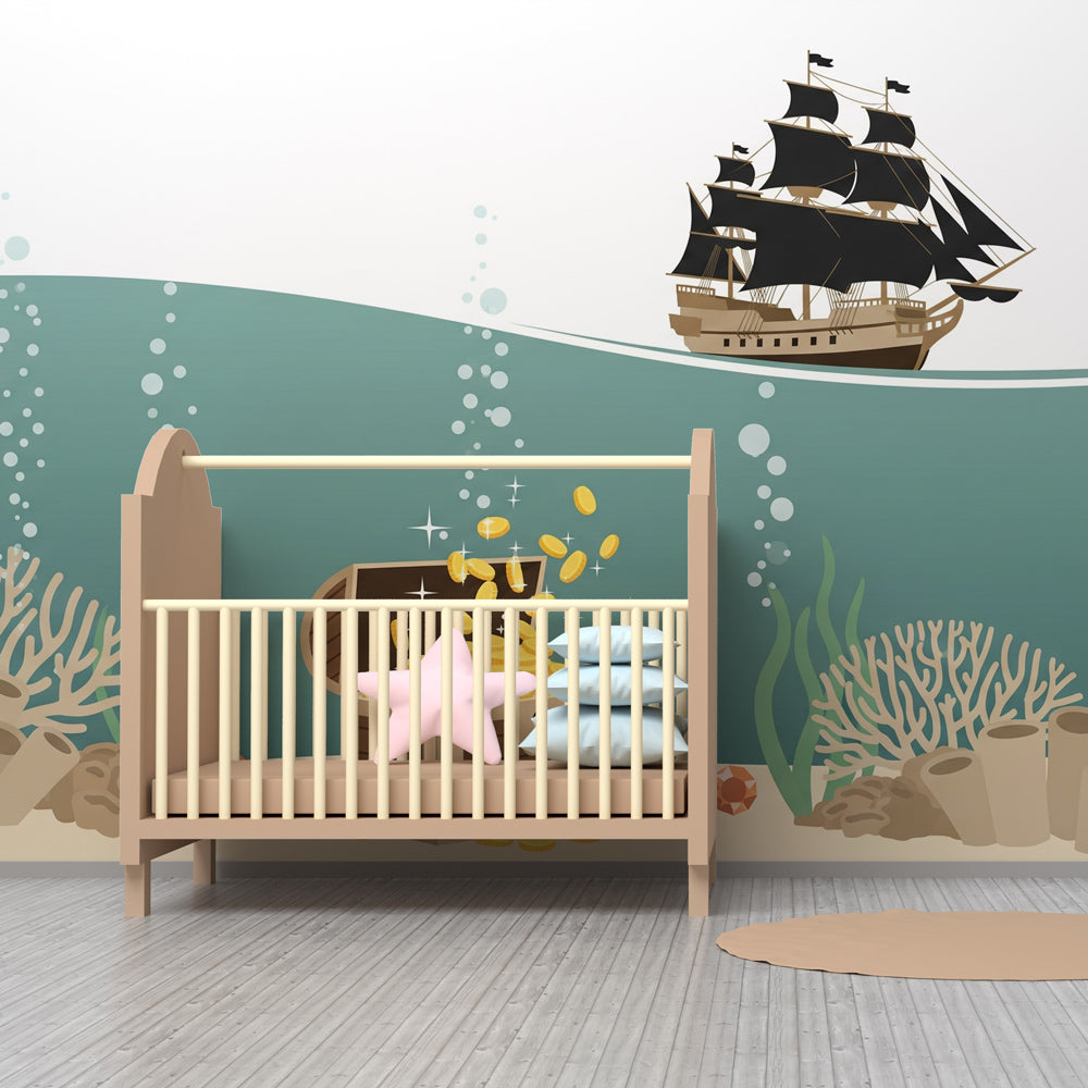 Underwater treasure adventure wallpaper creating magical nursery decor with pirate ship