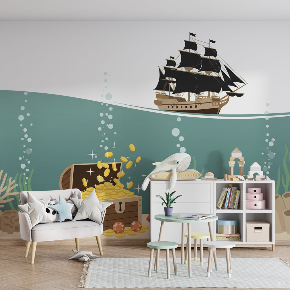 Marine adventure mural wallpaper transforming children's playroom into underwater world