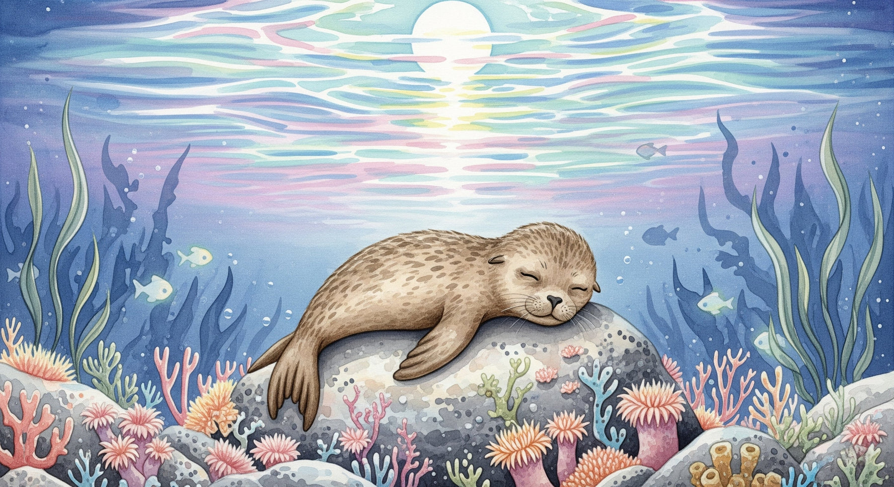 Detailed ocean sea lion mural wallpaper design pattern with coral reef and tropical fish by Kids-Mundo