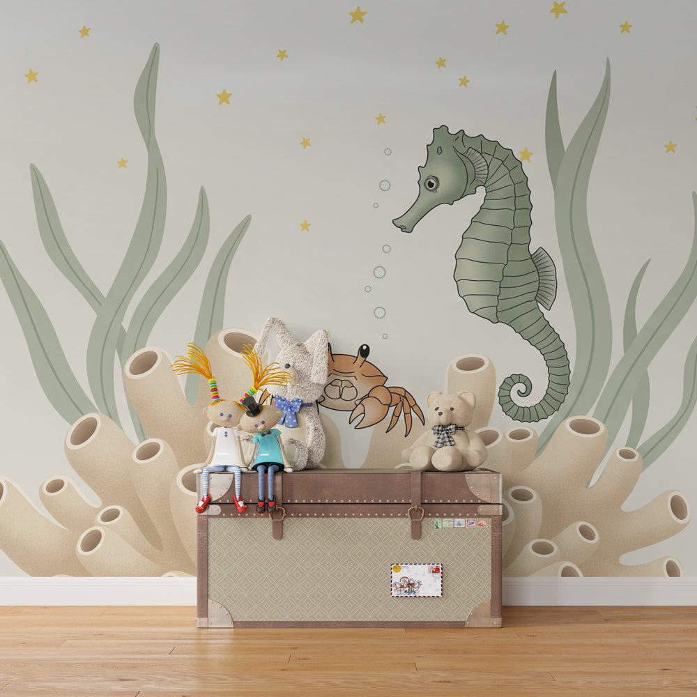 Underwater seahorse and crab mural wallpaper for calming baby bedroom by Kids-Mundo