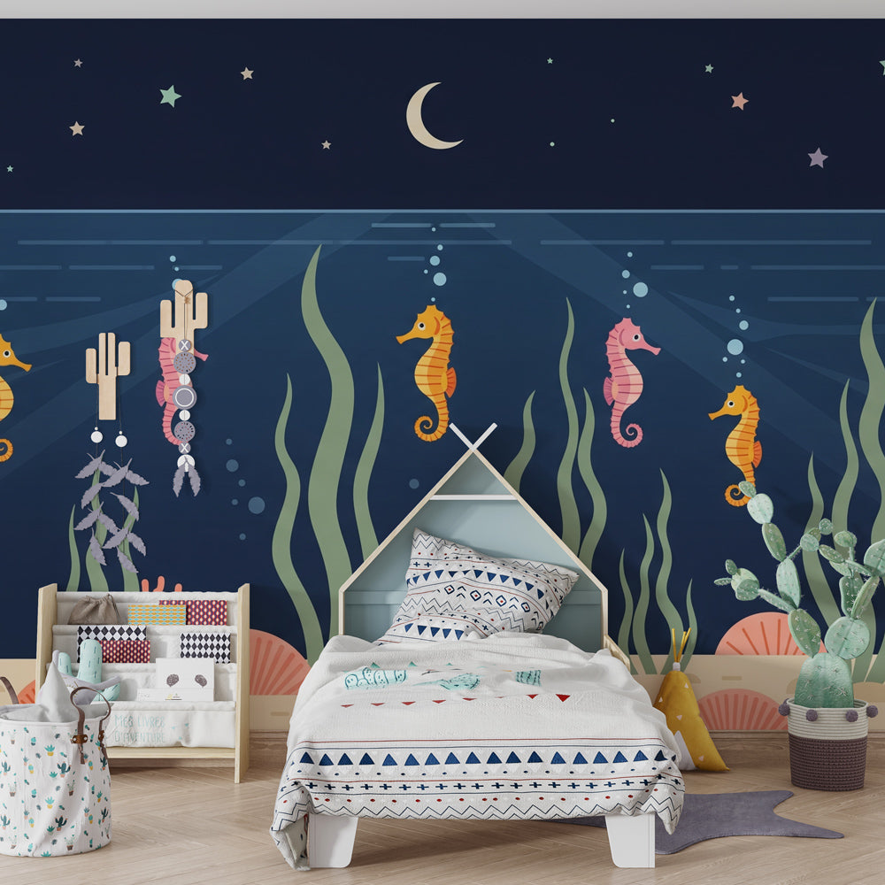 Starry night seahorse wallpaper creating dreamy marine atmosphere in children's bedroom decor