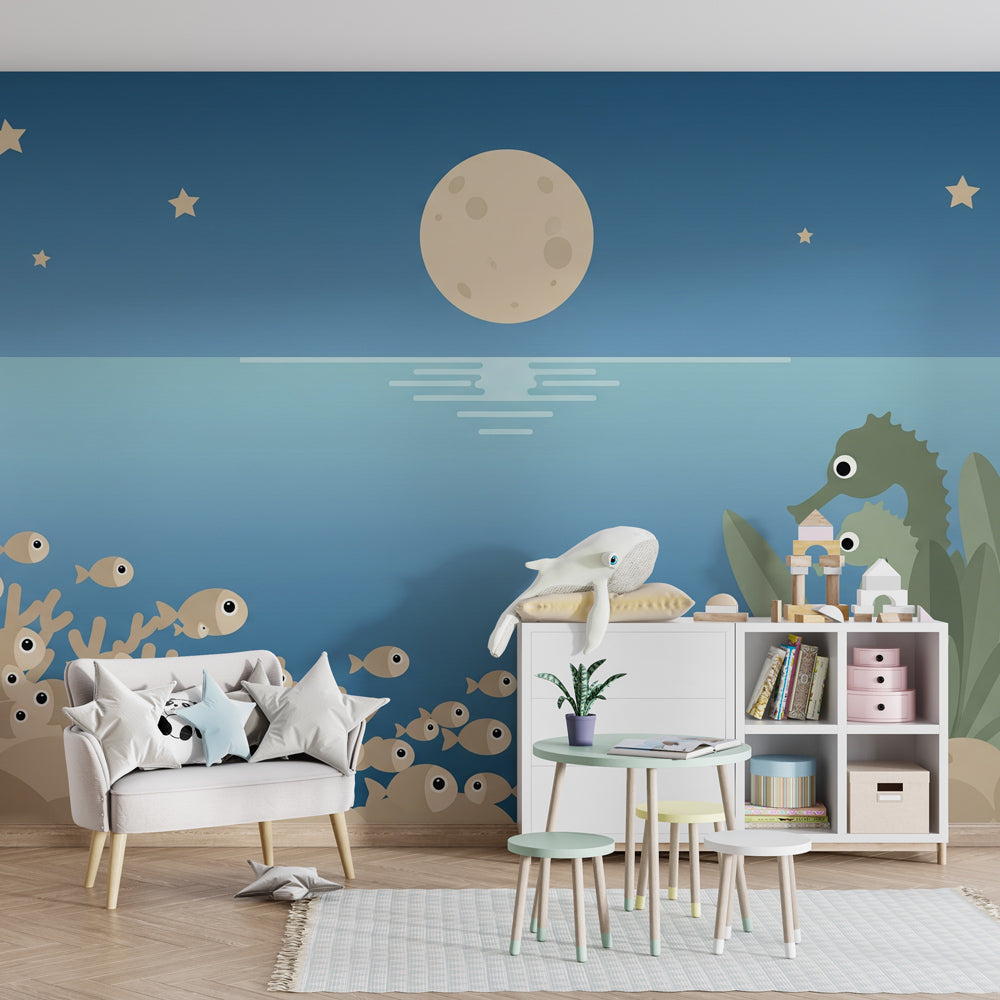 Starlit ocean mural wallpaper with seahorses and moonlight for children's room by Kids-Mundo
