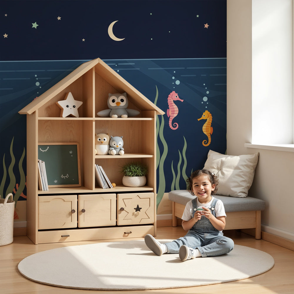 Ocean seahorse mural wallpaper in modern baby nursery with starry underwater theme by Kids-Mundo